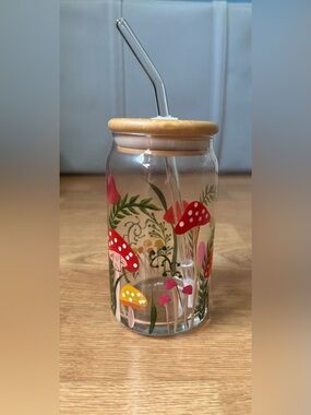 Hand-Painted Mushroom Glass Tumbler with Bamboo Lid